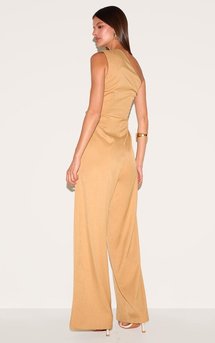 Sand Woven One Shoulder Wide Leg Jumpsuit Product Image