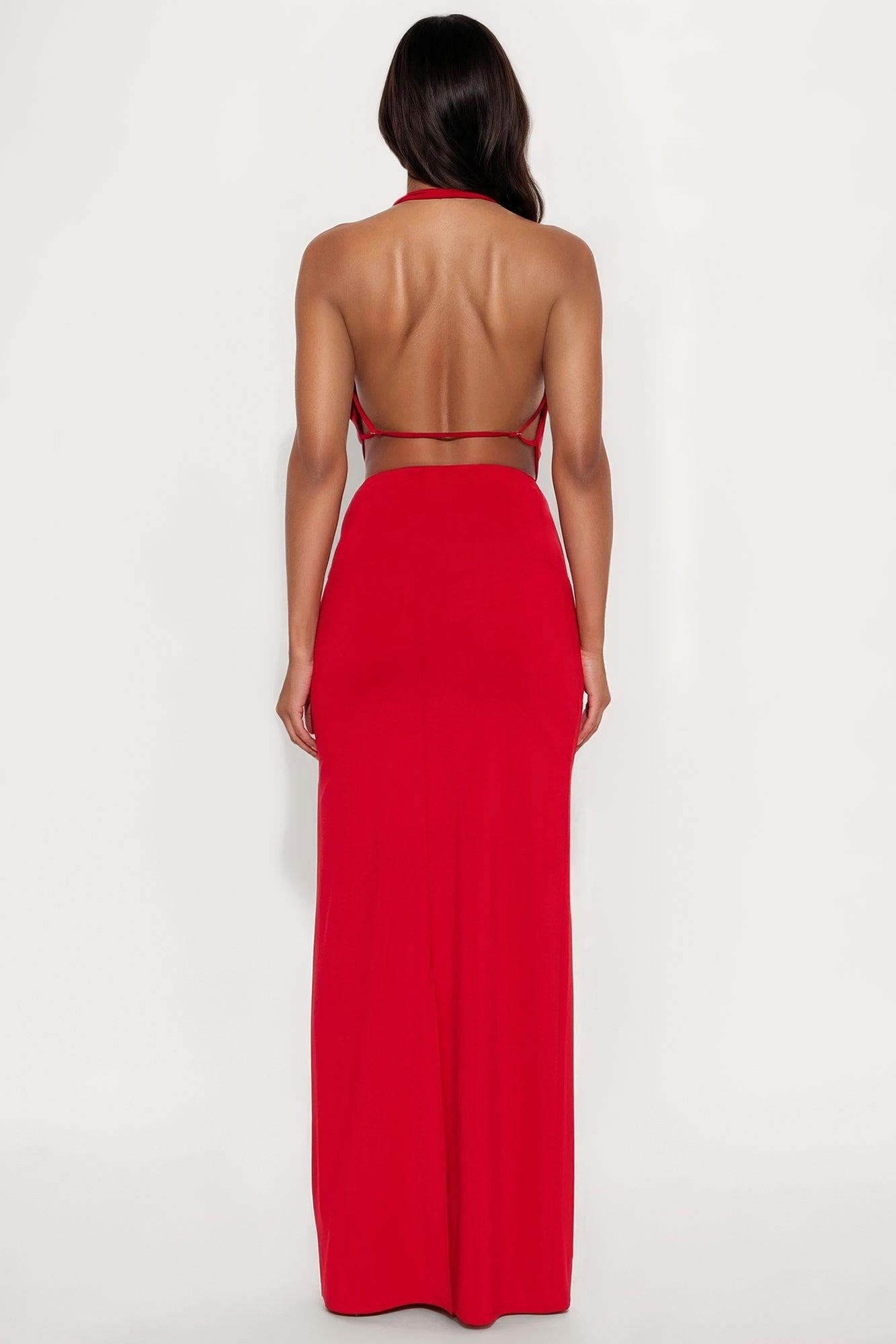 Maya Double Lined Backless Halter Maxi Skirt Set - Red Female Product Image