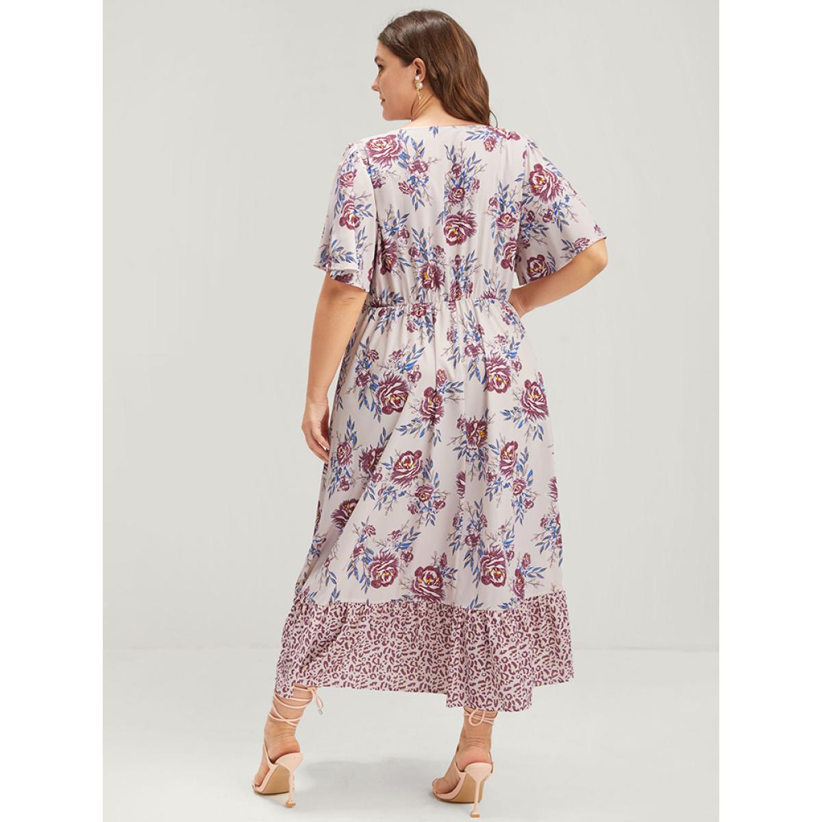 Plus Size Floral Pocket Button Ruffles Wrap Maxi Dress Watermelon Women Elegant Gathered V-neck Short sleeve Curvy Long Dress BloomChic 30/6X Product Image