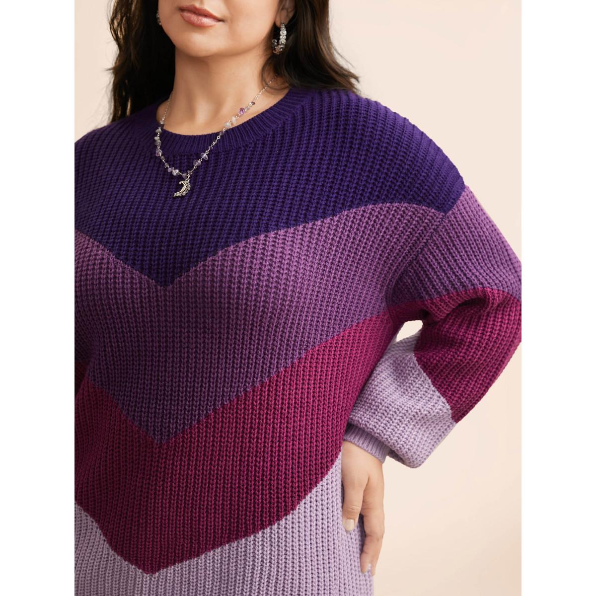 Plus Size Colorblock Contrast Drop Shoulder Sleeve Pullover Deeppurplered Women Casual Long Sleeve Round Neck Everyday Pullovers BloomChic 18-20/2X Product Image