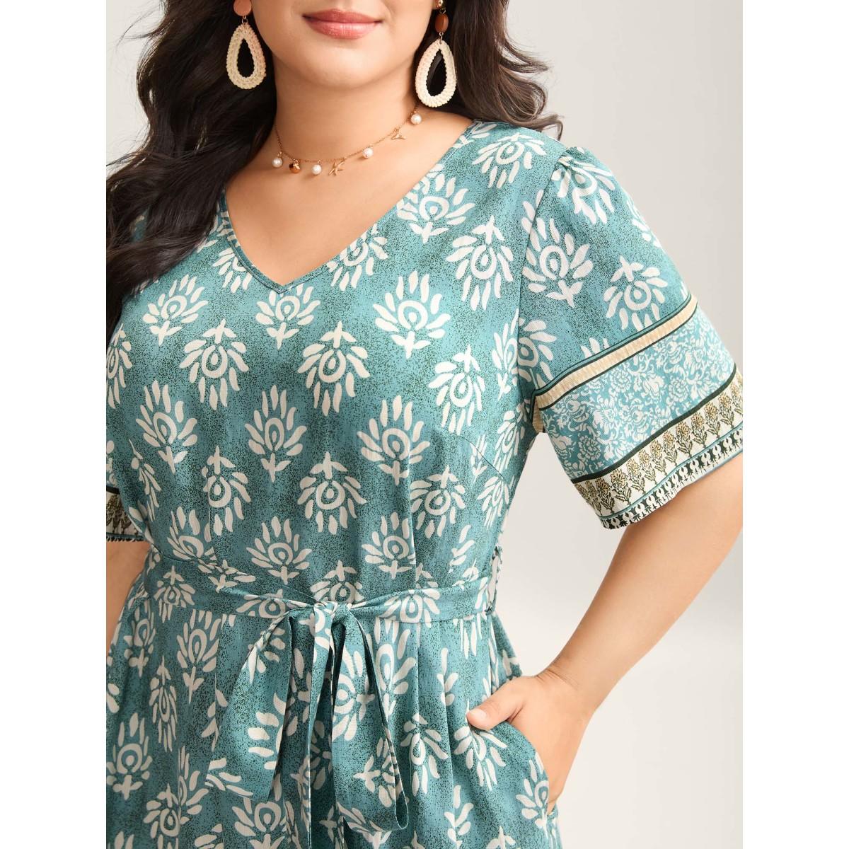 Plus Size Rayon Boho Print Tied Midi Dress Teal Women V-neck Short sleeve Curvy BloomChic 12/L Product Image
