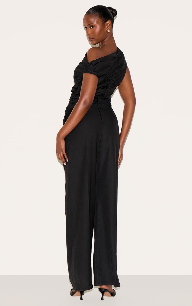  Black Woven Ruched One Sleeve Jumpsuit Product Image