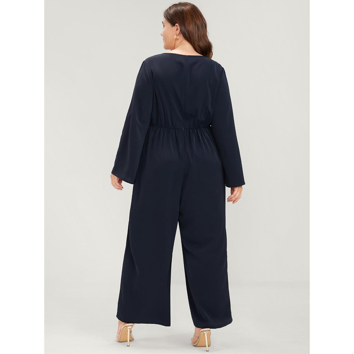 Plus Size DarkBlue Solid Pocket Button Cuffed Sleeve Suit Collar Jumpsuit Women Office Long Sleeve Suit Collar Work Loose Jumpsuits BloomChic 26/4X Product Image