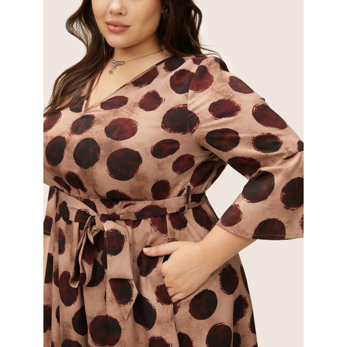 Plus Size Geometric Notched Bell Sleeve Belted Dress Russet Women At the Office Non Notched collar Elbow-length sleeve Curvy Midi Dress BloomChic 22-24/3X Product Image