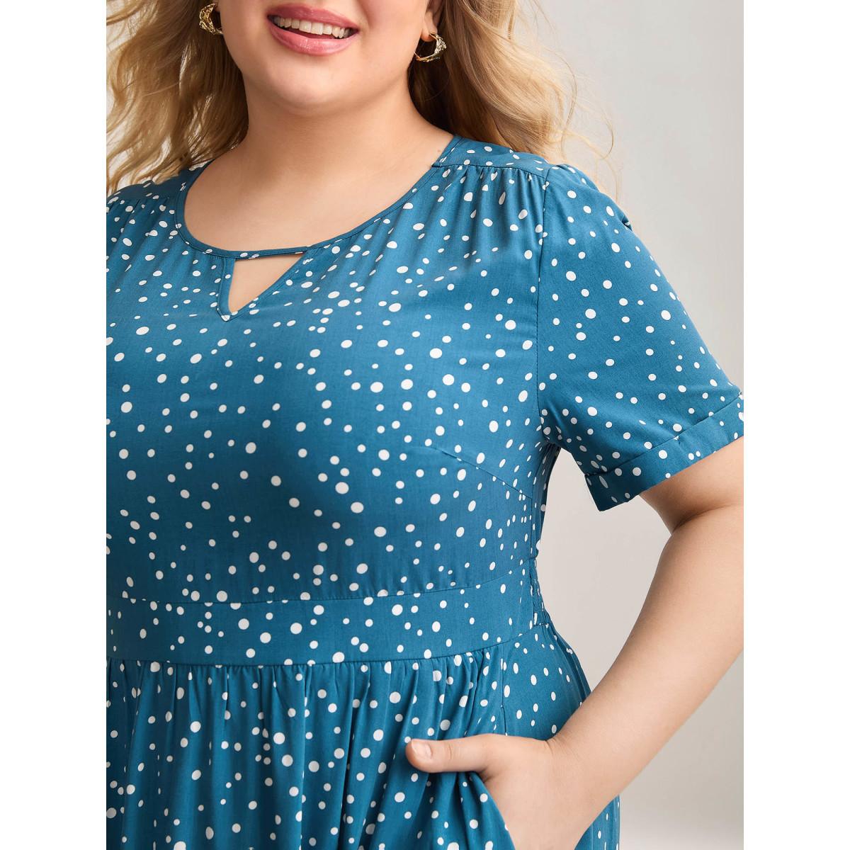 Plus Size Dot Print Shirred Waist Midi Dress Aegean Women At the Office Gathered Round Neck Short sleeve Curvy BloomChic 28/5X Product Image