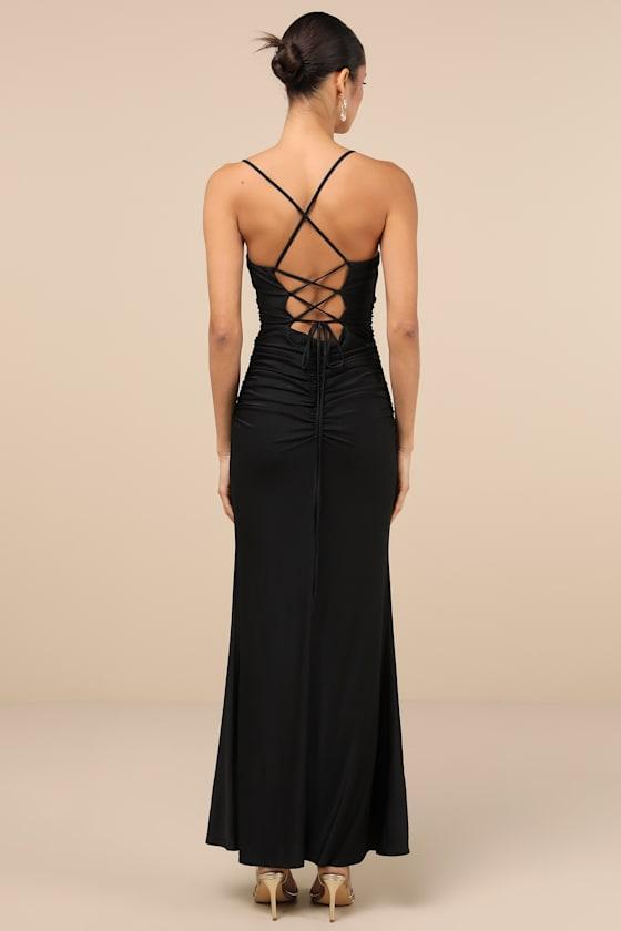 Elese Black Slinky Knit Lace-Up Mermaid Maxi Dress Product Image