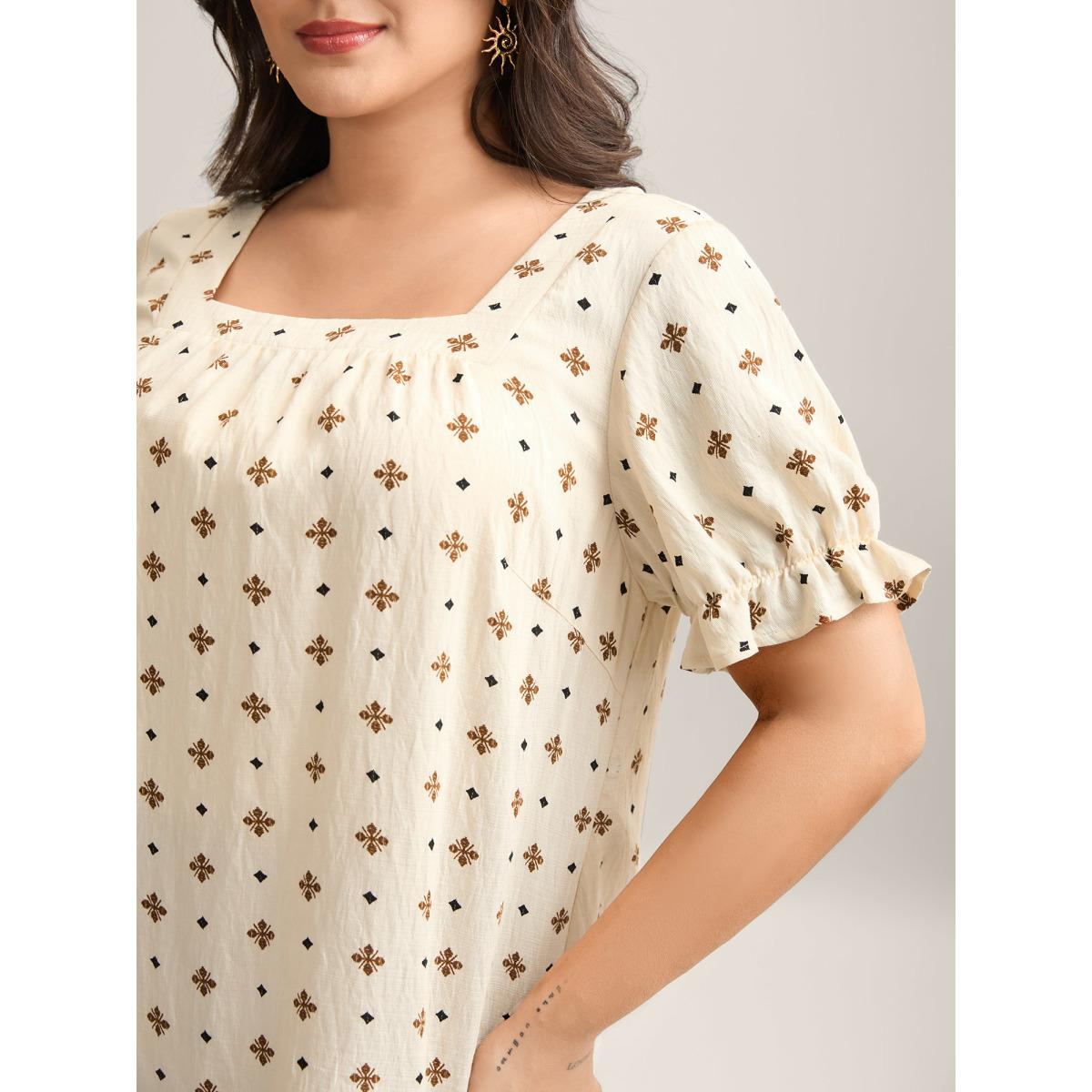 Plus Size Beige Rayon Embroidered Pleated Blouse Women Short sleeve Square Neck Vacation Blouses BloomChic 26/4X Product Image