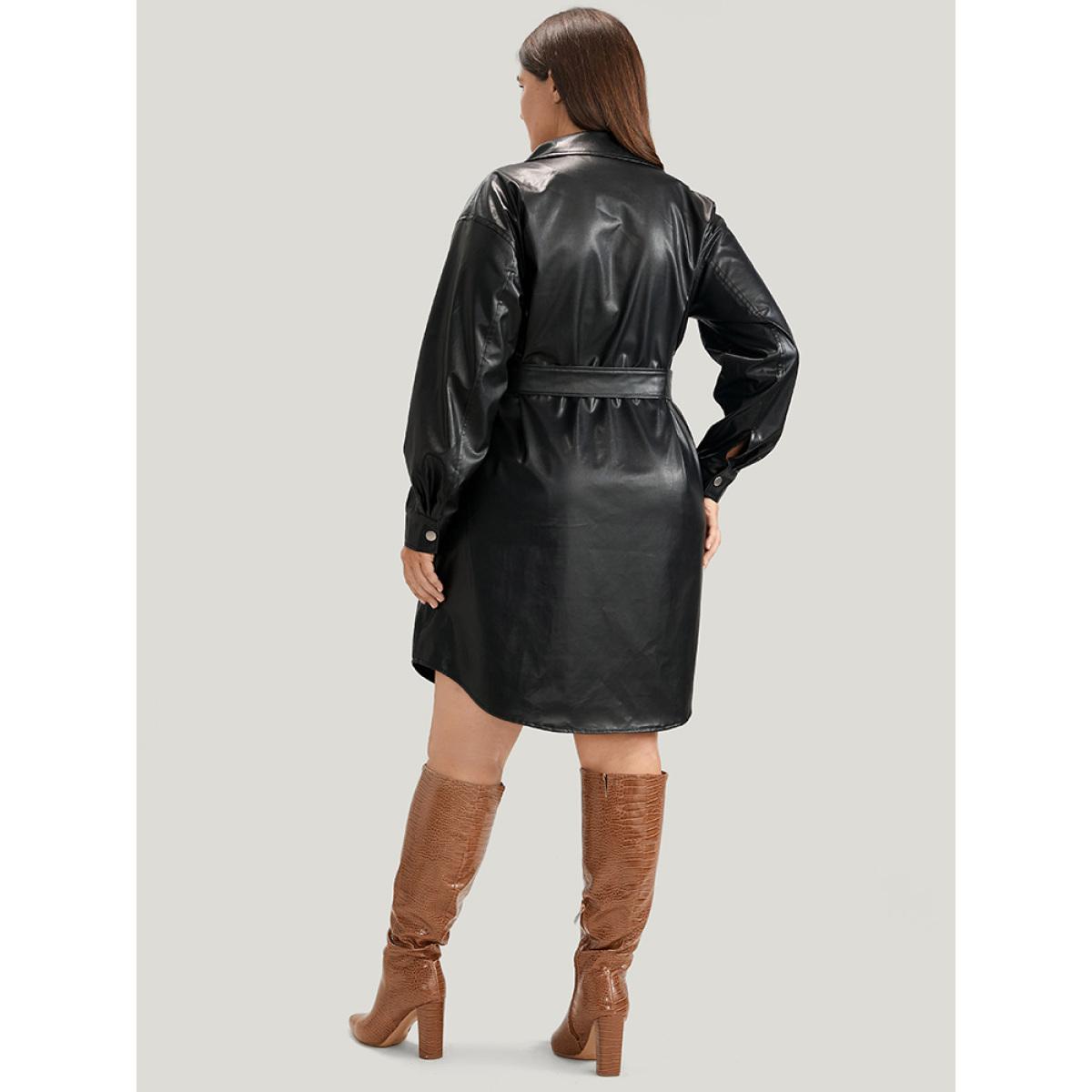 Plus Size PU Leather Pocket Belted Button Up Dress Black Women Party Belted Shirt collar Long Sleeve Curvy Knee Dress BloomChic 12/L Product Image