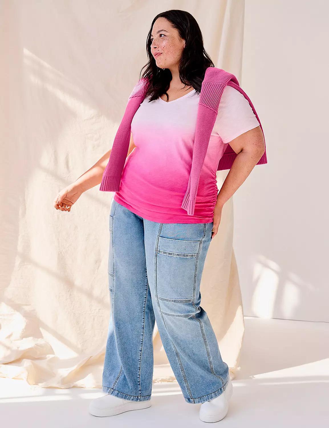 Pull-On High-Rise Knit Denim Straight Leg Cargo Jean Product Image