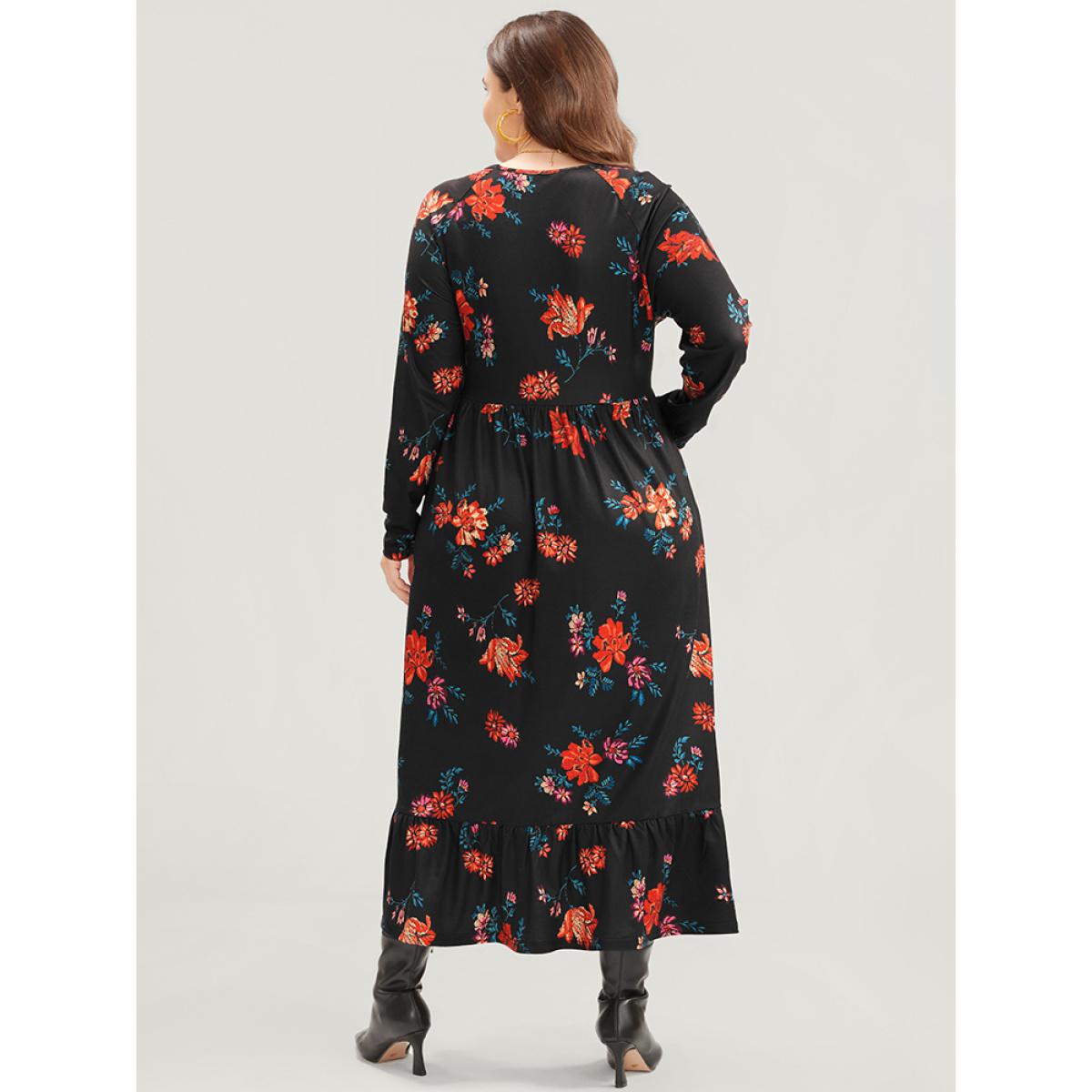 Plus Size Floral Print V Neck Pocket Flutter Hem Dress Without Belt Multicolor Women Elegant Pocket V-neck Long Sleeve Curvy Midi Dress BloomChic 18-20/2X Product Image