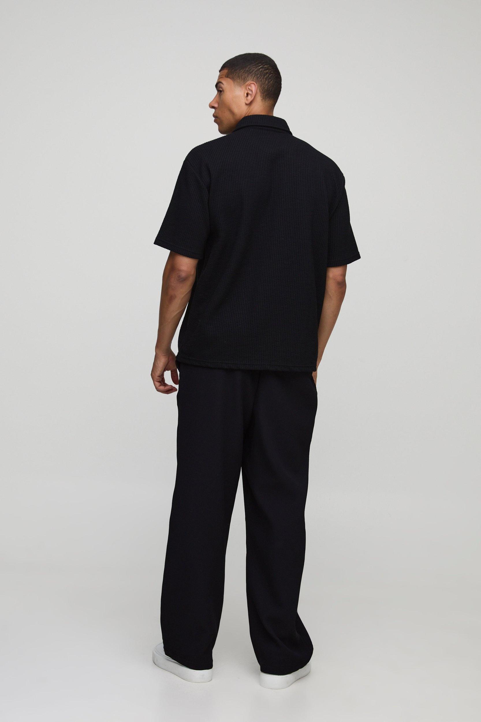 Oversized Two-Tone Ribbed Jersey Concealed Placket Shirt | boohooMAN USA Product Image