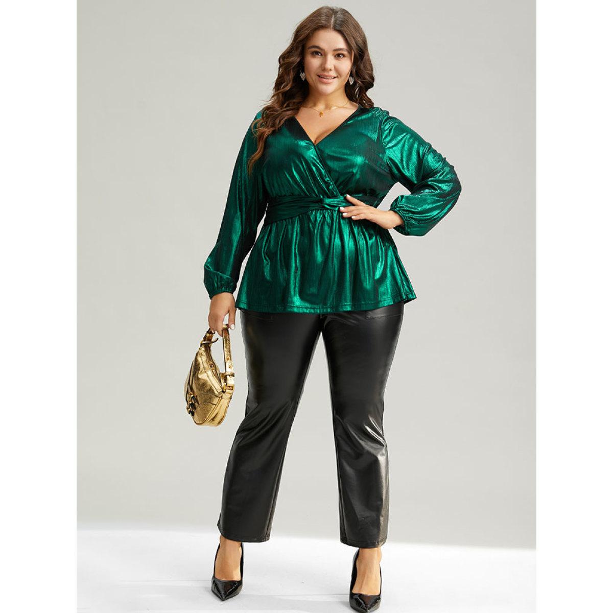Plus Size Emerald Solid Wrap Twist Front Gathered Blouse Women Glamour Long Sleeve Overlap Collar Festival-Christmas Blouses BloomChic 26/4X Product Image