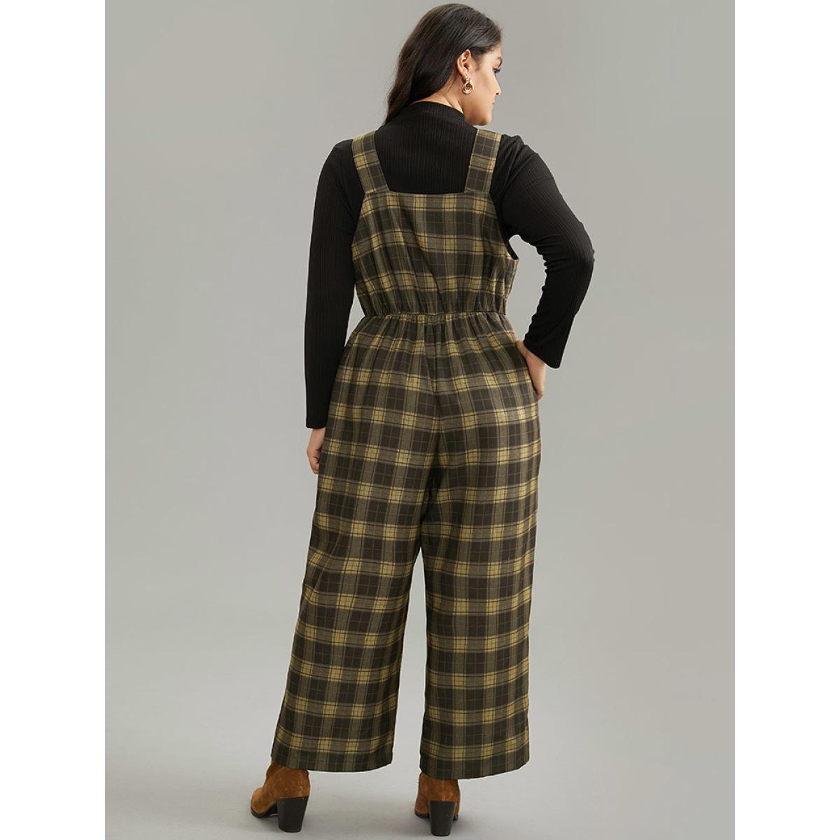 Plus Size DarkBrown Plaid Adjustable Straps Pocket Elastic Waist Jumpsuit Women Office Sleeveless Spaghetti Strap Work Loose Jumpsuits BloomChic 30/6X Product Image