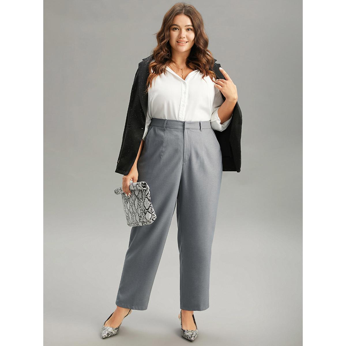Plus Size Plain Heather Texture Elastic Waist Pocket Pants Women Gray Office High Rise Office Pants BloomChic 14-16/1X Product Image