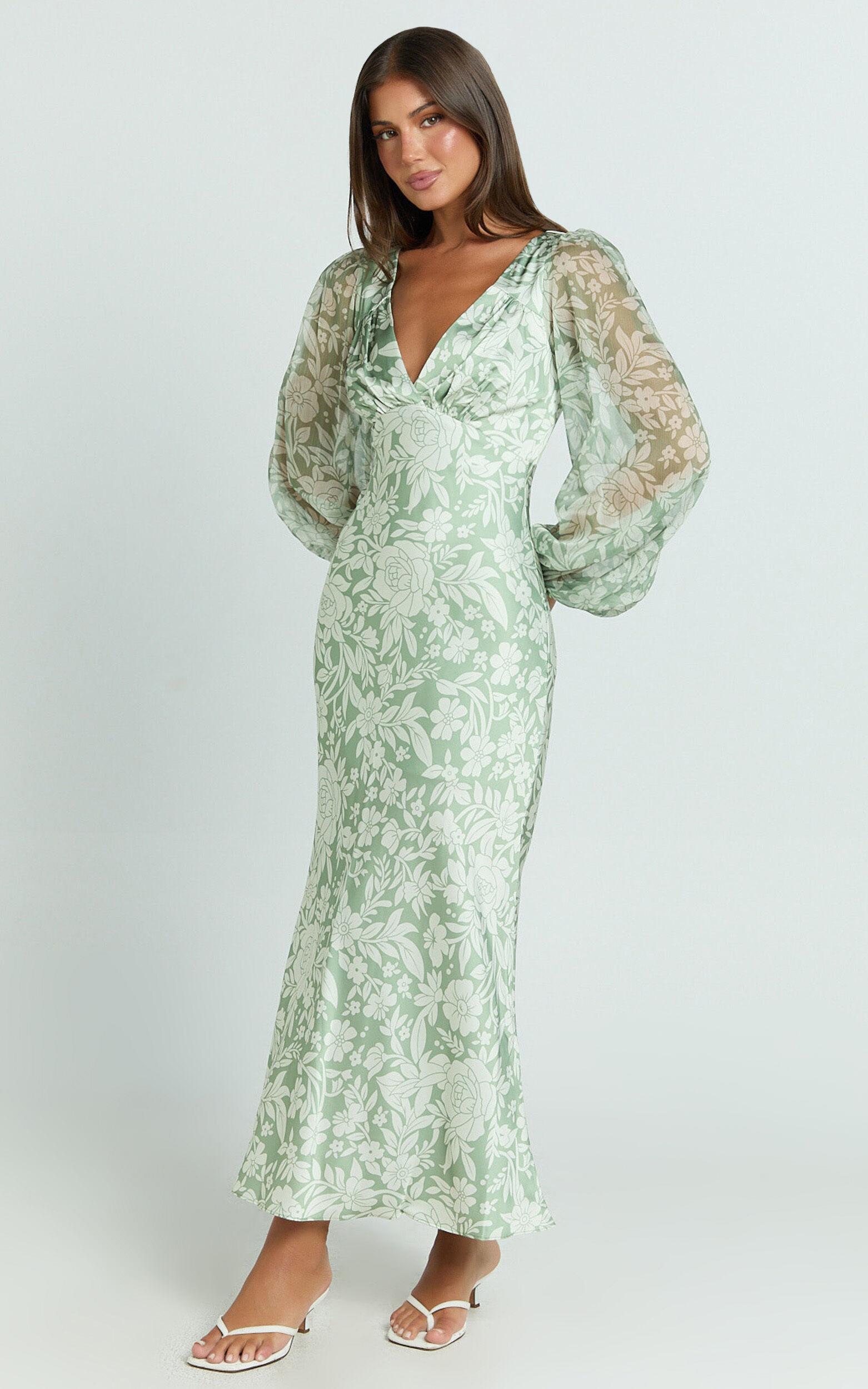 Freollyn Midi Dress - Deep V Neck Long Sleeve Dress in Sage Product Image