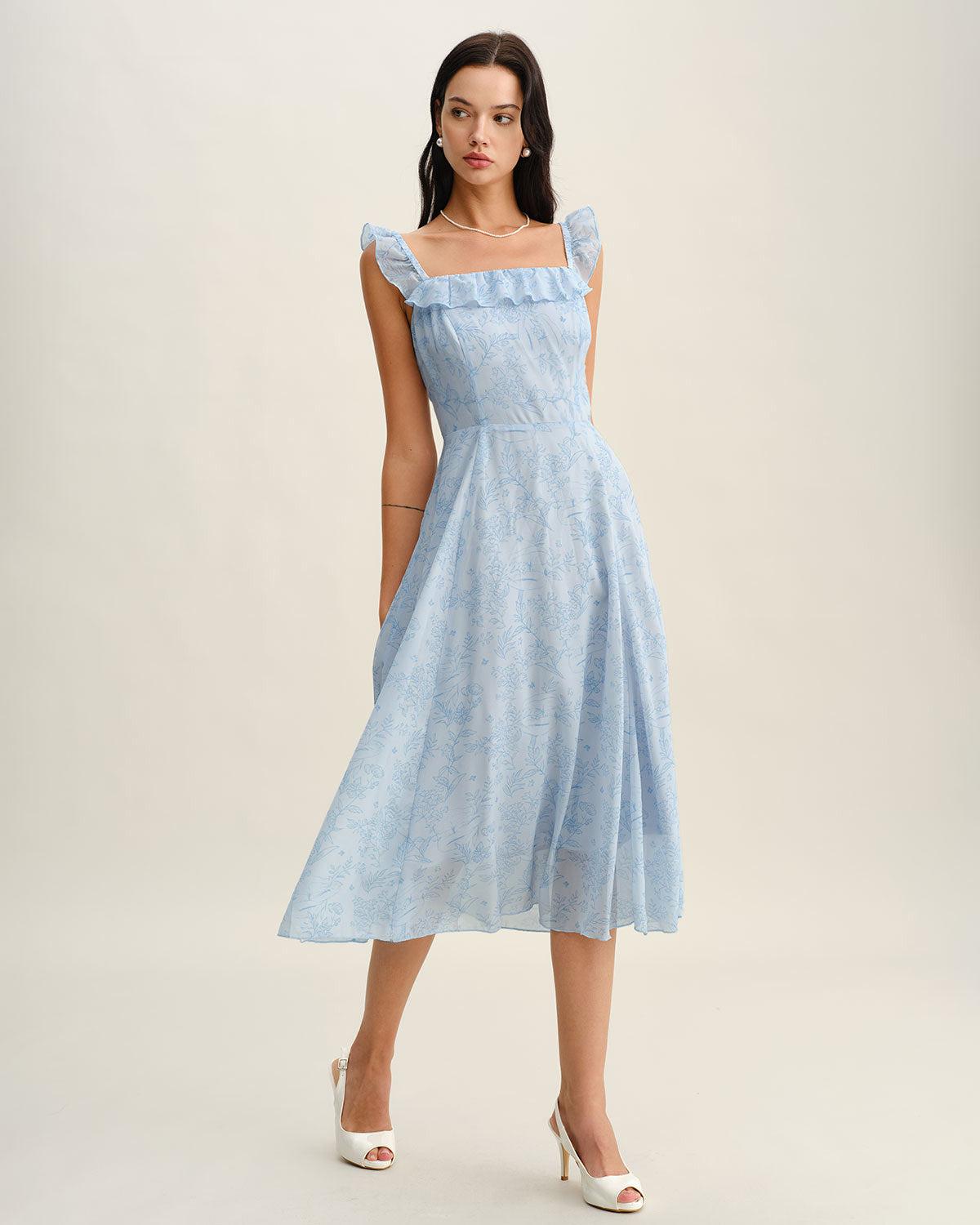 Blue Square Neck Ruffle Midi Dress Product Image