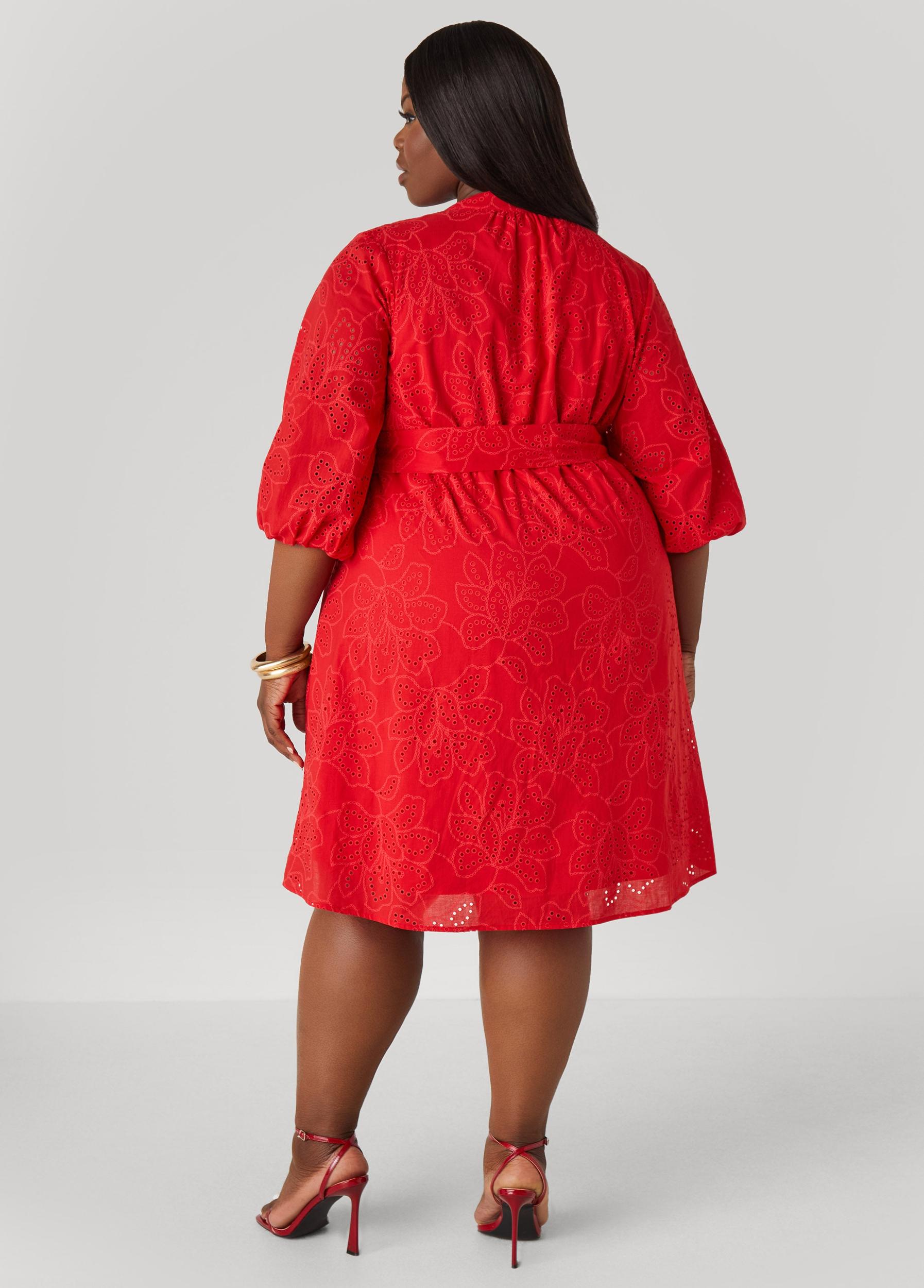 Plus Size Eyelet Cotton Puff Sleeved Dress Ashley Stewart Product Image