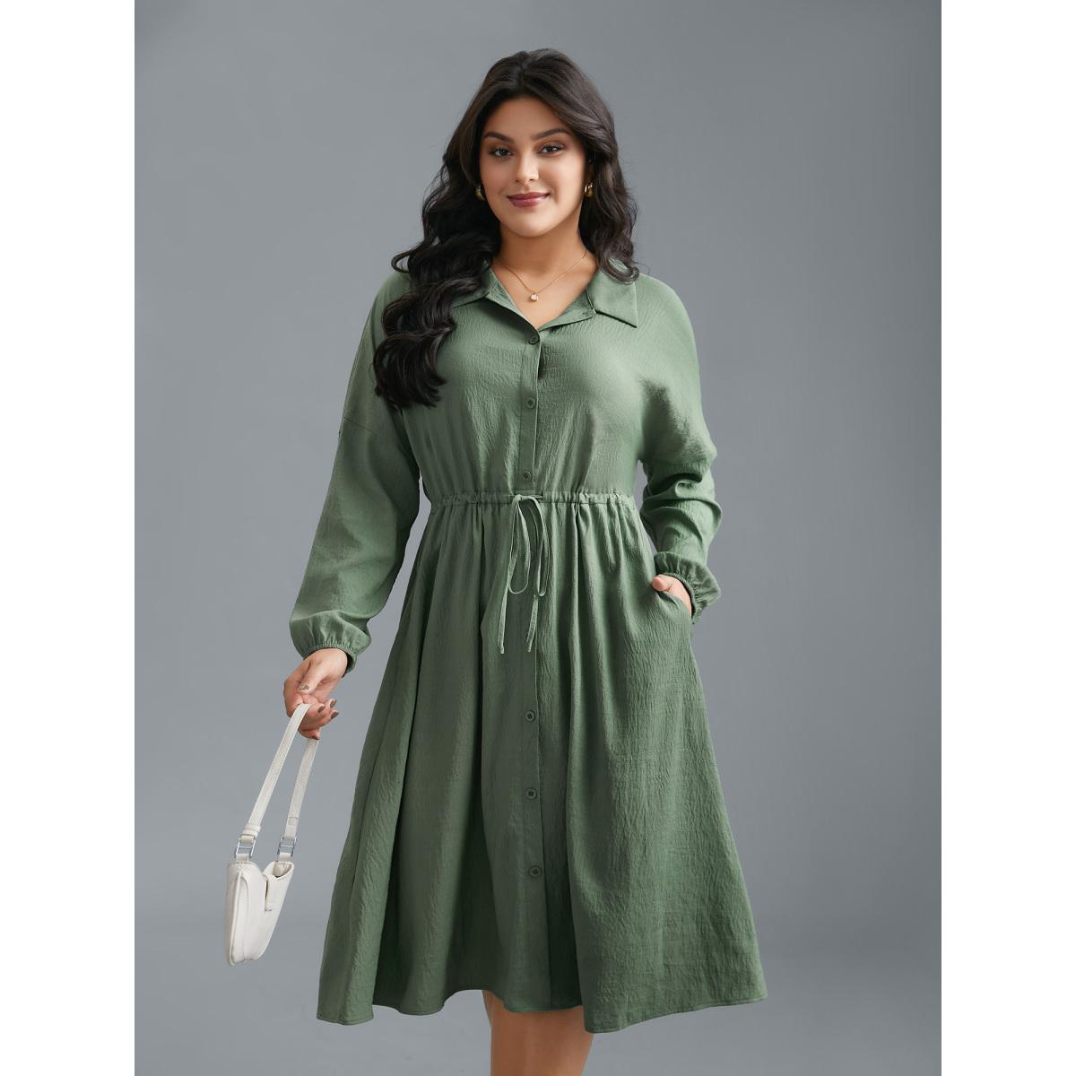 Plus Size Shirt Collar Tie-Waist Drop Dress Moss Women At the Office Tie knot Shirt collar Long Sleeve Curvy BloomChic 10/M Product Image