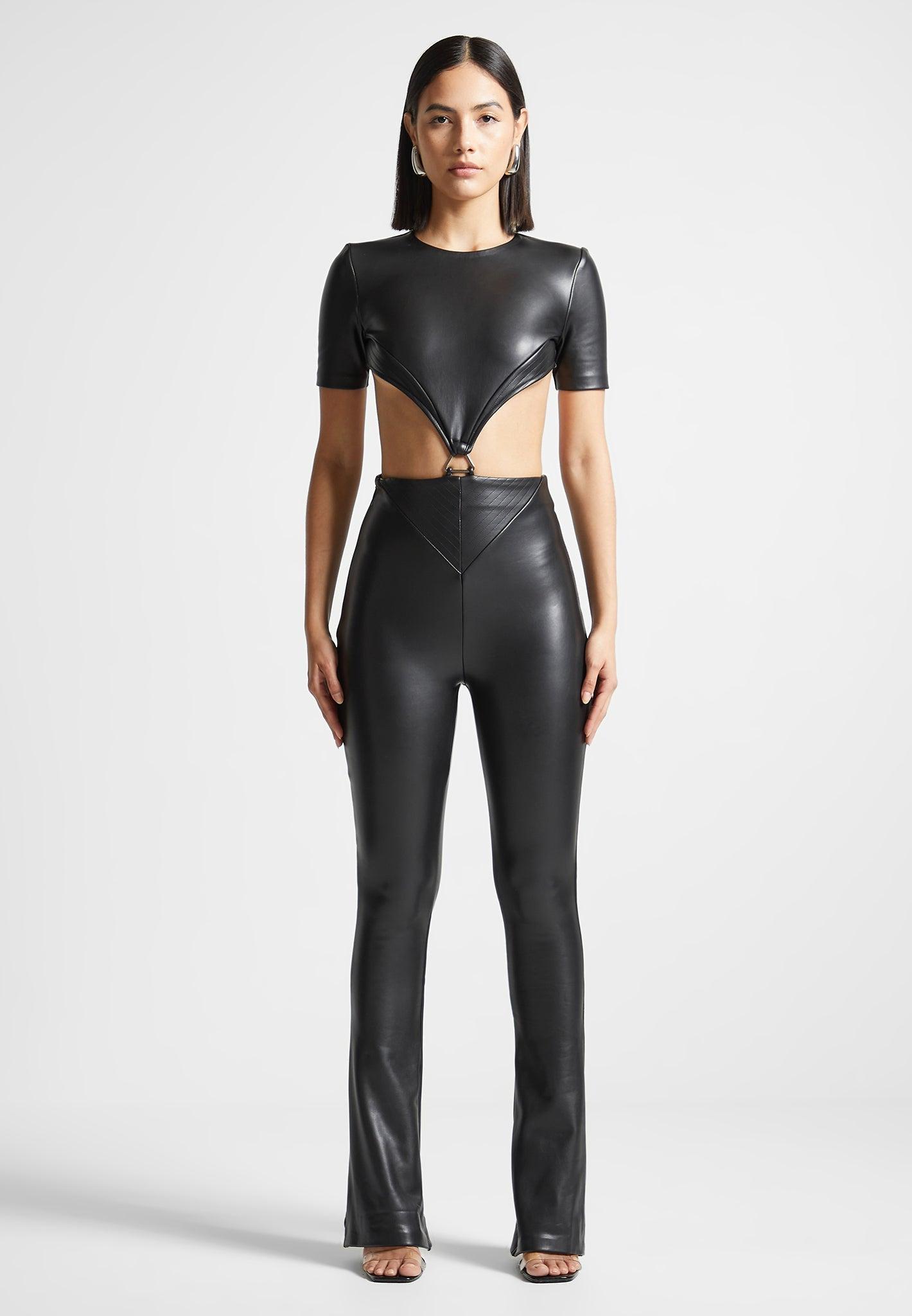 Leather Backless Jumpsuit - Black Female Product Image