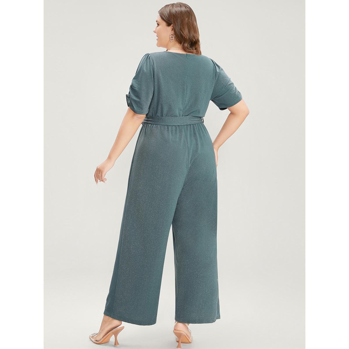 Plus Size Emerald Plain Scalloped Trim Ruched Glitter Pocket Belted Jumpsuit Women Elegant Short sleeve V-neck Party Loose Jumpsuits BloomChic 22-24/3X Product Image