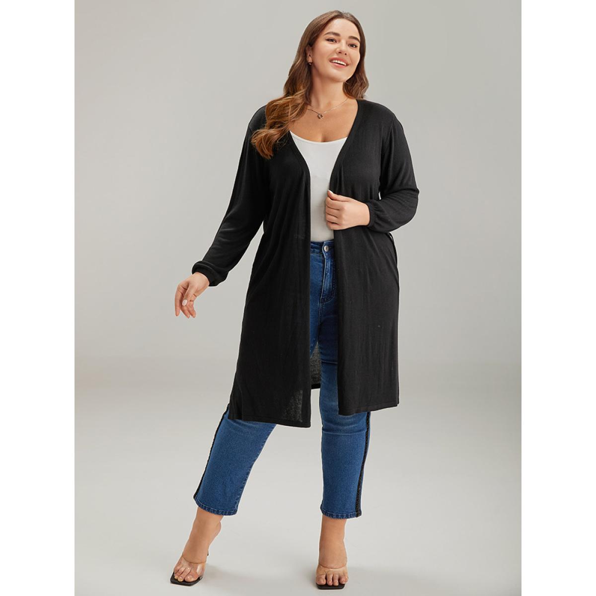 Plus Size Supersoft Essentials Ties Open Front Split Side Cardigan Black Women Casual Loose Long Sleeve Everyday Cardigans BloomChic 30/6X Product Image