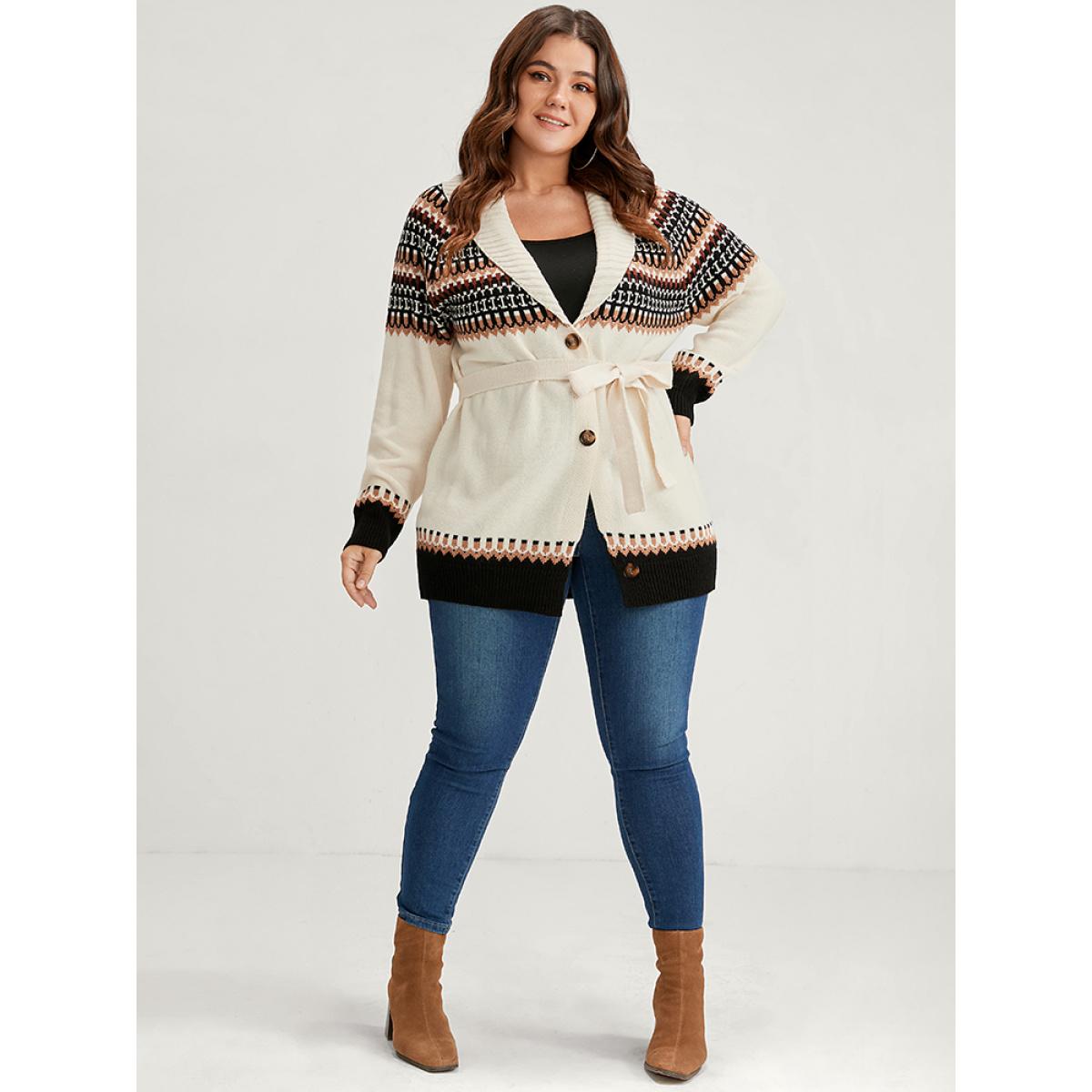 Plus Size Fair Isle Pointelle Knit Belted Jacquard Button Front Cardigan Multicolor Women Casual Loose Long Sleeve Dailywear Cardigans BloomChic 22-24/3X Product Image
