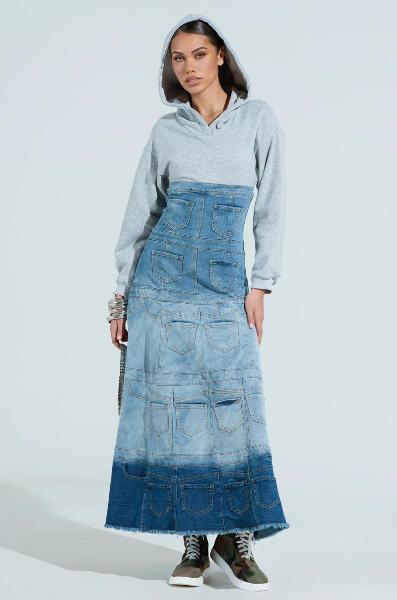 DENIM ON DENIM LAYERED MAXI DRESS WITH HOOD Product Image