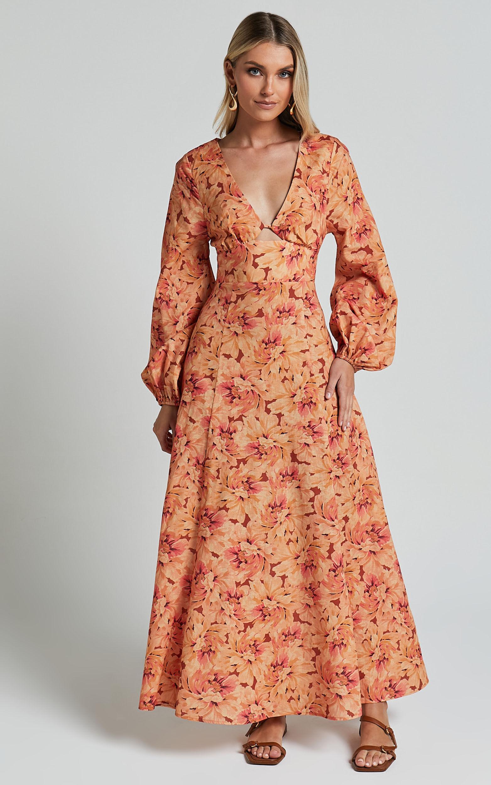 Amalie The Label - Maraien Linen Blend V Neck Front Keyhole Maxi Dress in Valencia Print Product Image