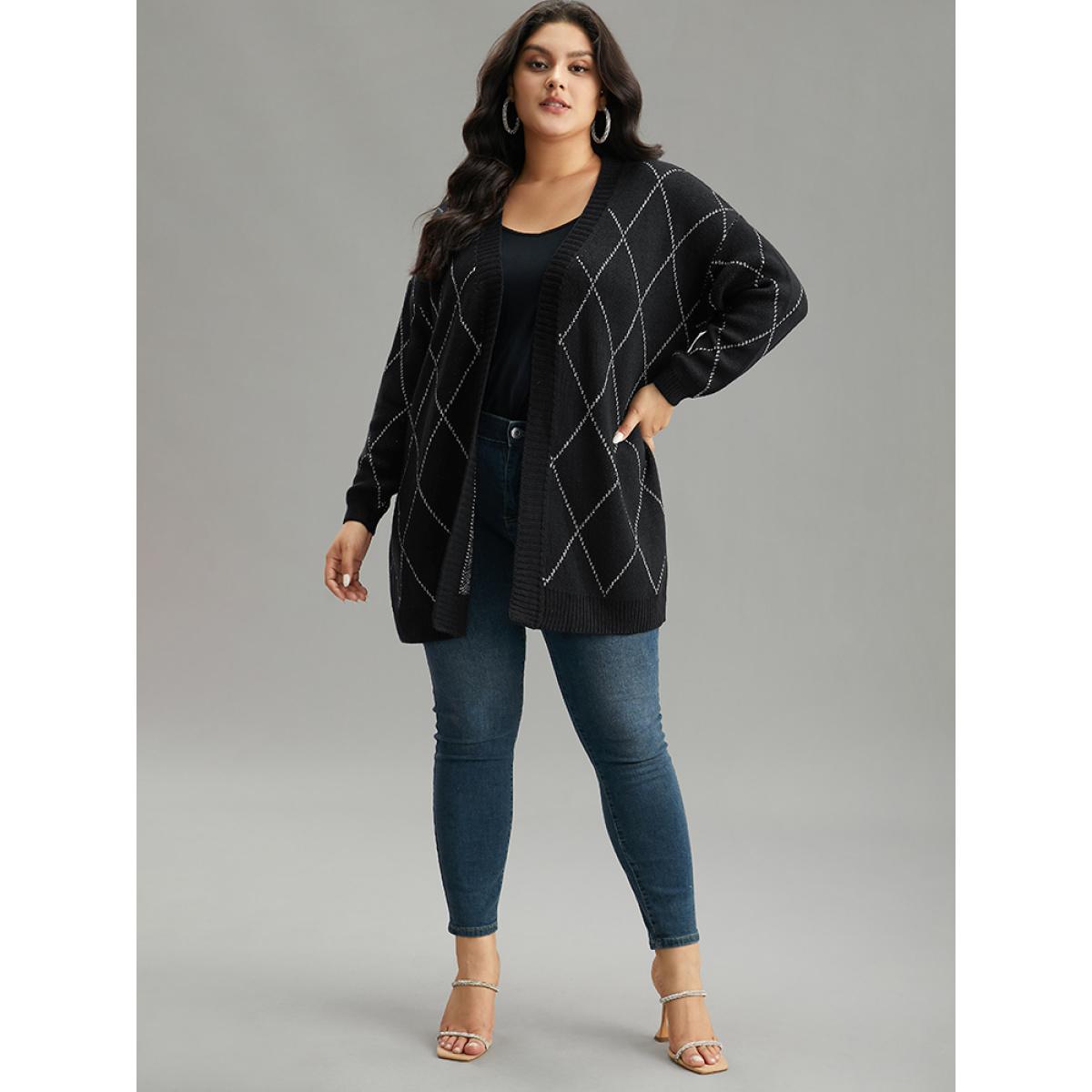 Plus Size Sparkly Plaid Open Front Cardigan Black Women Casual Loose Long Sleeve Dailywear Cardigans BloomChic 18-20/2X Product Image