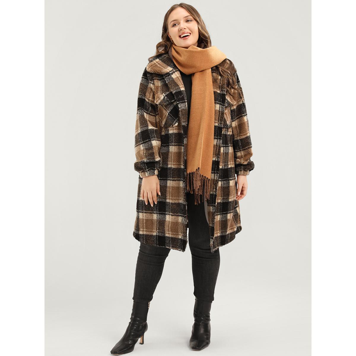 Plus Size Plaid Flap Pocket Button Up Teddy Coat Women Bronze Elegant Button Ladies Dailywear Winter Coats BloomChic 18-20/2X Product Image