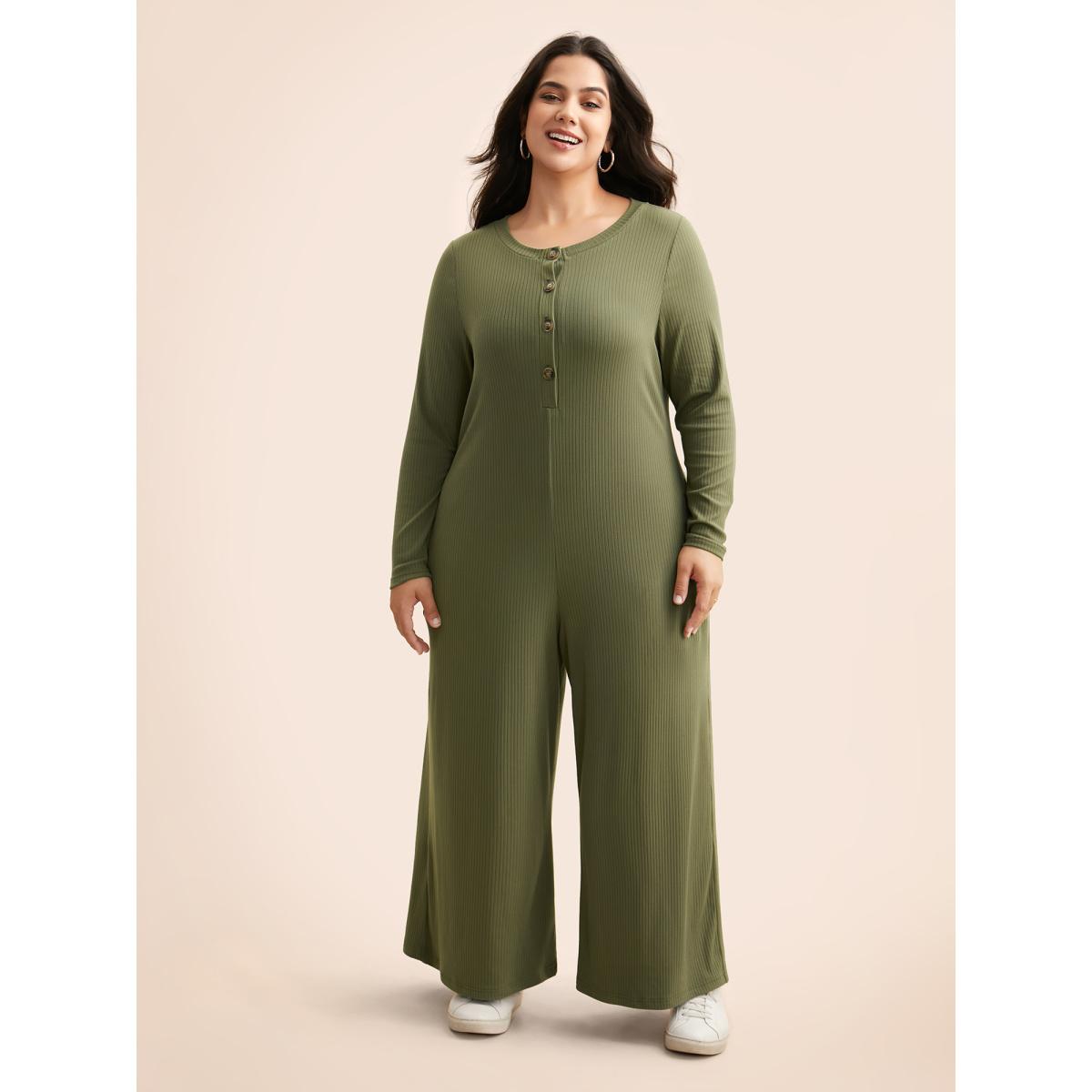 Plus Size ArmyGreen Supersoft Essentials Front Placket Onesie Women Casual Long Sleeve Round Neck Everyday Loose Jumpsuits BloomChic 14-16/1X Product Image