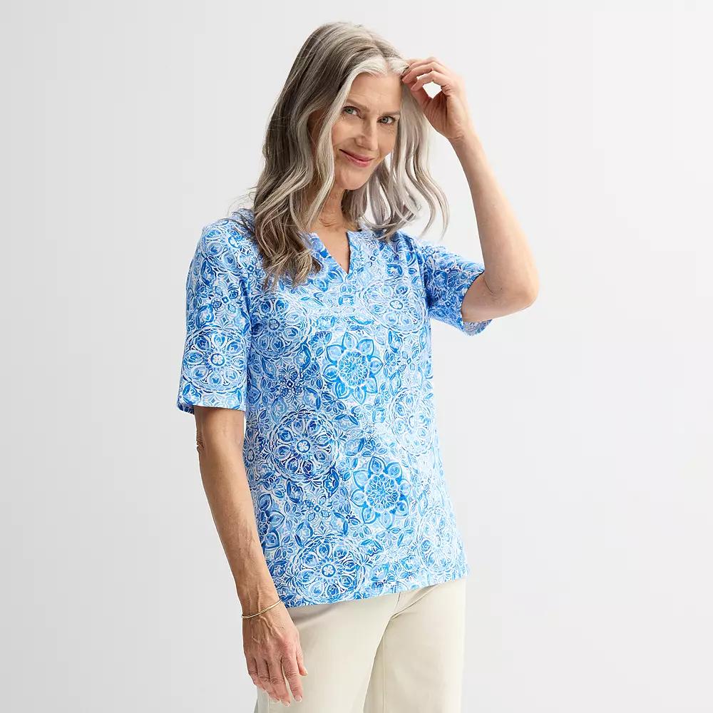 Women's Croft & Barrow® Elbow-Sleeve Splitneck Top, Size: Large, Blue Watercolor Tile Product Image
