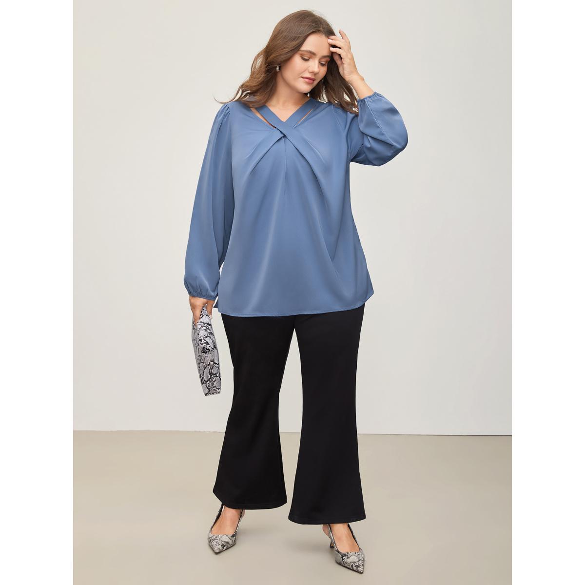 Plus Size Stone Criss Cross Neckline Puff Sleeve Gathered Blouse Women Timeless Long Sleeve Asymmetrical Neck Elegant Blouses BloomChic 14-16/1X Product Image