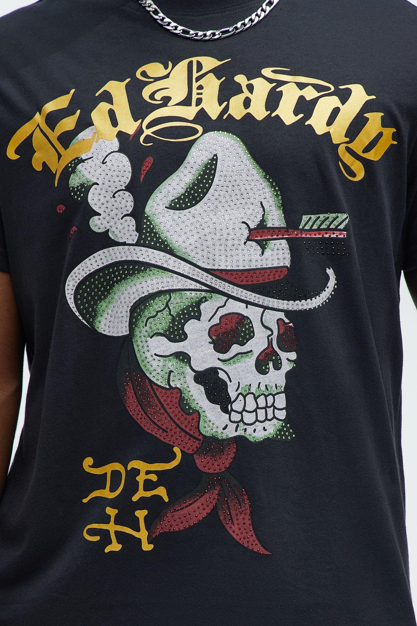 Ed Hardy Cowboy Skull Rhinestone Tee - Black Product Image