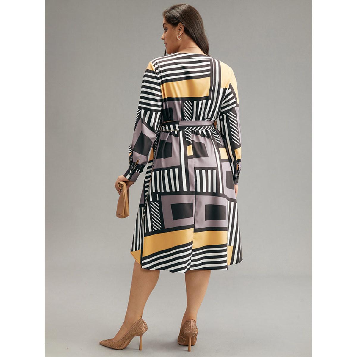 Plus Size Colorblock Geometric Notched Elastic Waist Arc Hem Dress Multicolor Women Office Printed Notched collar Long Sleeve Curvy Midi Dress BloomChic 14-16/1X Product Image