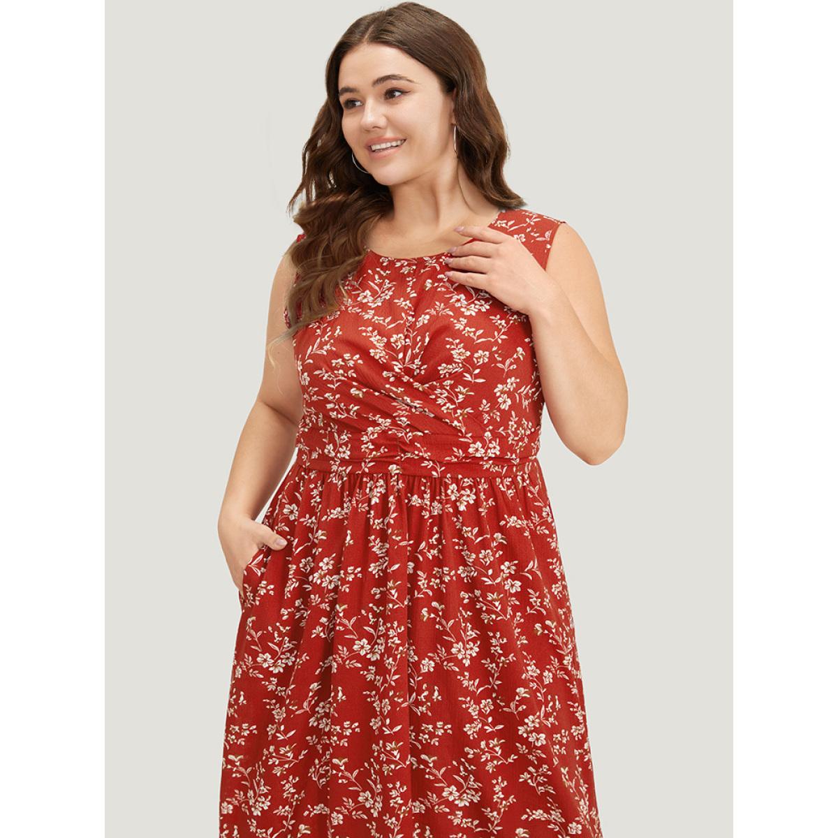 Plus Size Ditsy Floral Crossover Crew Neck Pocket Sleeveless Dress Red Women Elegant Printed Round Neck Sleeveless Curvy Midi Dress BloomChic 14-16/1X Product Image