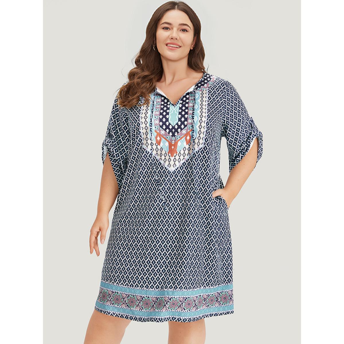 Plus Size Bandana Print Pocket Button Knot Neck Dress DarkBlue Women Vacation Button V-neck Elbow-length sleeve Curvy Knee Dress BloomChic 28/5X Product Image