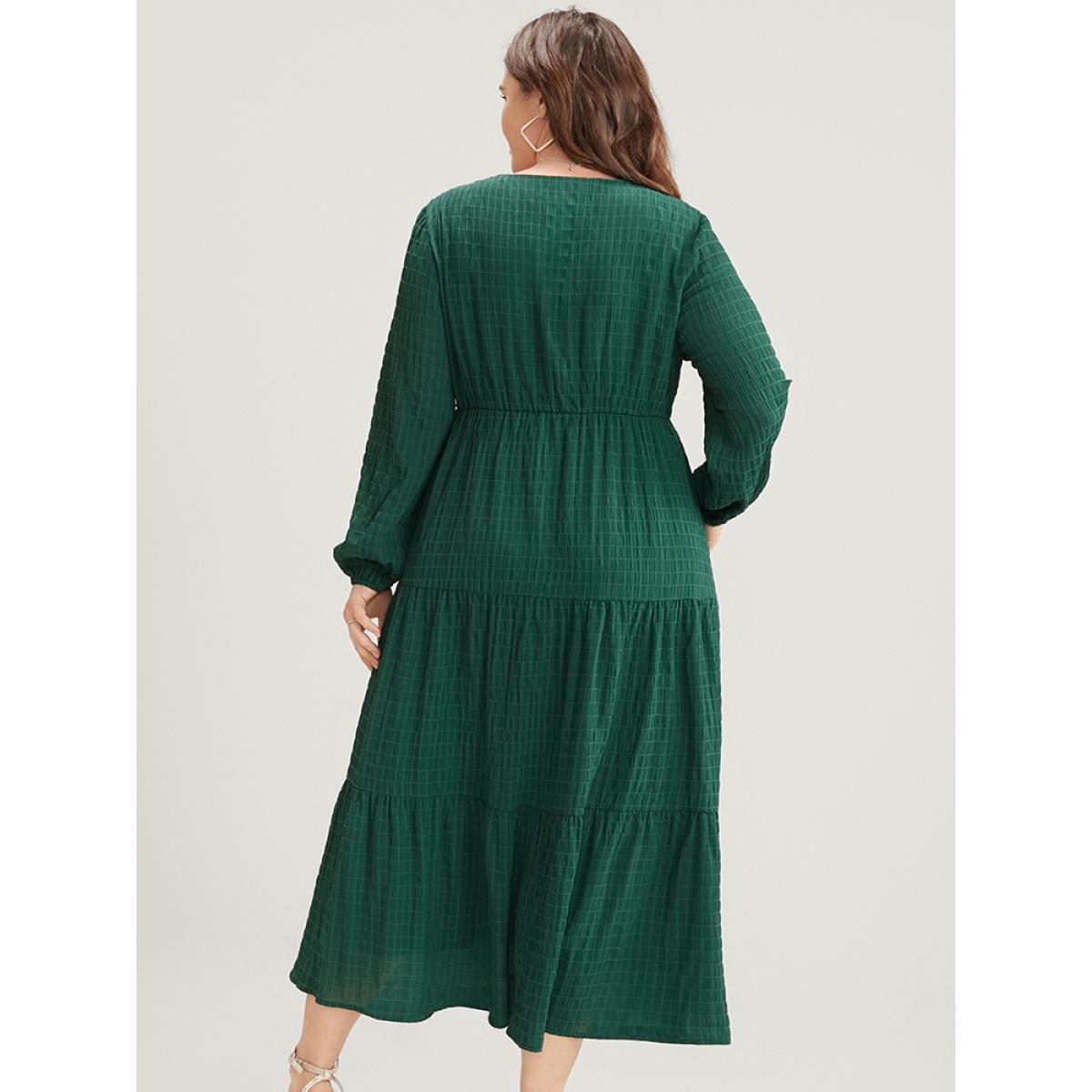 Plus Size Solid V Neck Lantern Sleeve Pocket Gingham Flutter Dress DarkGreen Women Elegant Pocket V-neck Long Sleeve Curvy Midi Dress BloomChic 22-24/3X Product Image