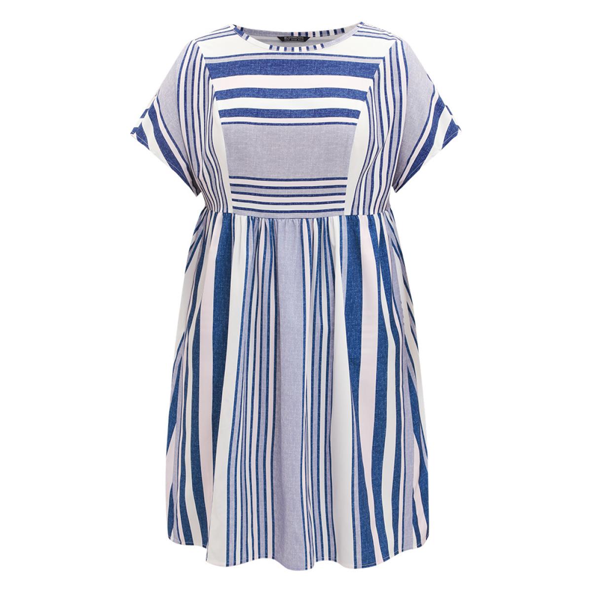 Plus Size Striped Print Patchwork Ruffle Sleeve Ruched Dress DarkBlue Women Vacation Round Neck Short sleeve Curvy Knee Dress BloomChic 30/6X Product Image