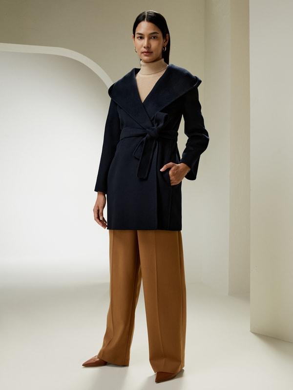 LILYSILK Womens Coats Navy Blue Cashmere Wool Comfortable Hooded Coat M Product Image