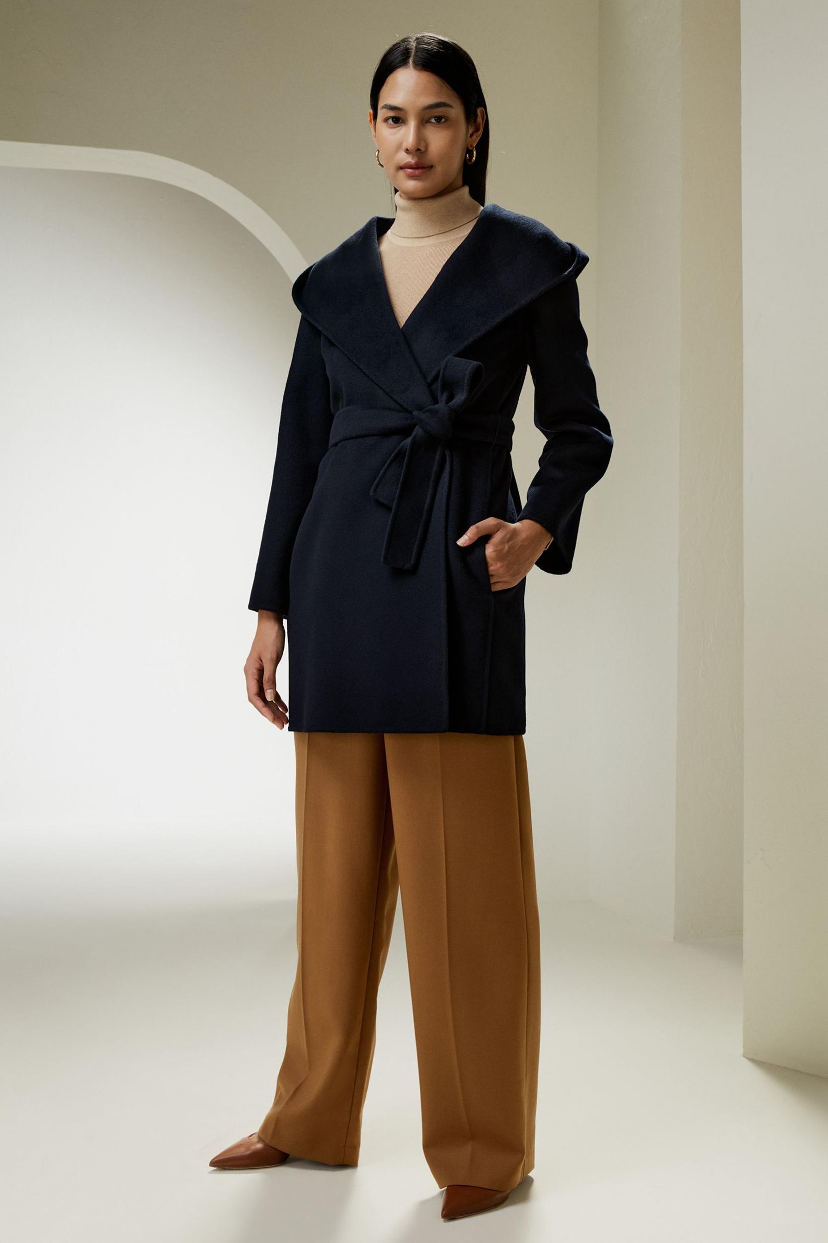 LILYSILK Womens Coats Navy Blue Cashmere Wool Comfortable Hooded Coat M Product Image