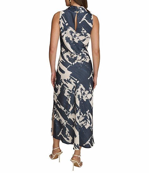 Donna Karan Printed Satin Back Crepe Cowl Neck Sleeveless Side Slit A-Line Midi Dress Product Image