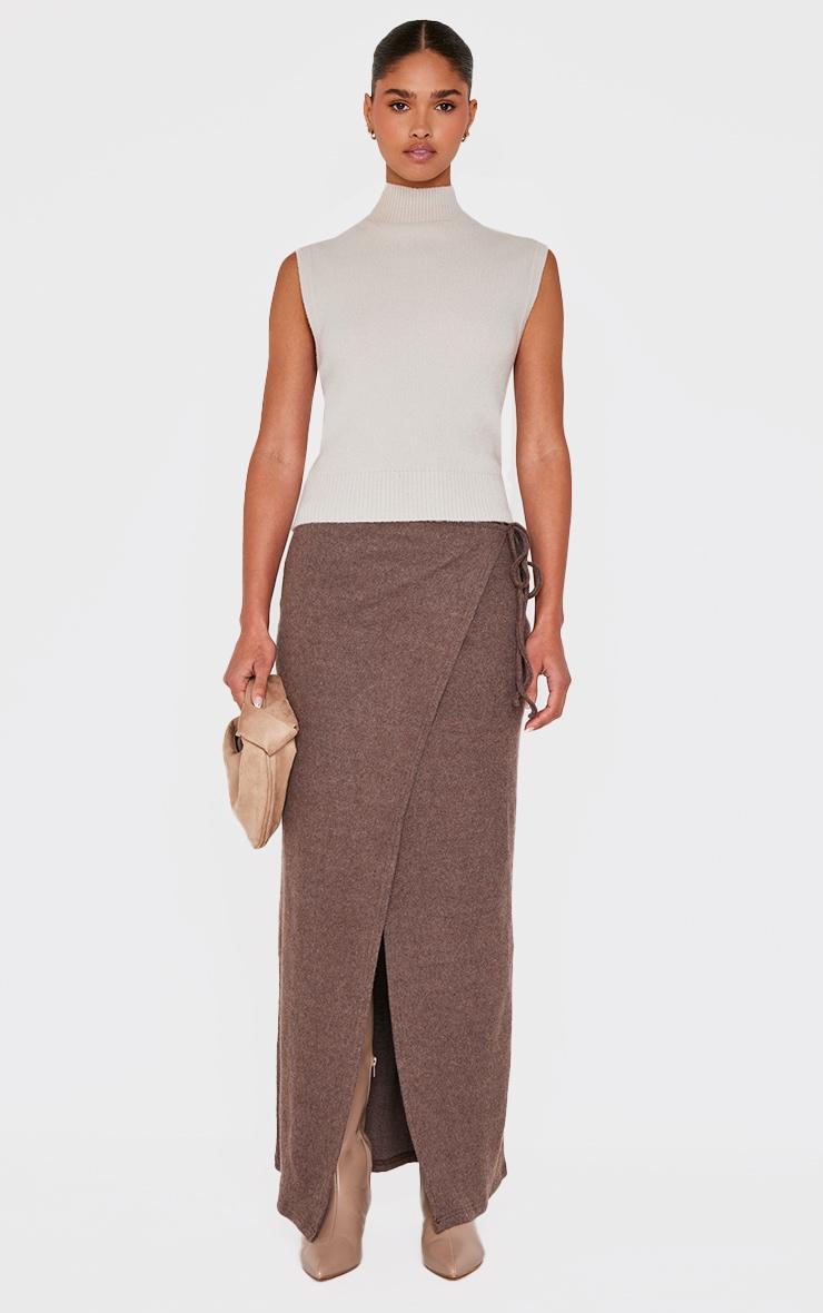 Chocolate Brown Soft Rib Wrap Front Maxi Skirt Product Image