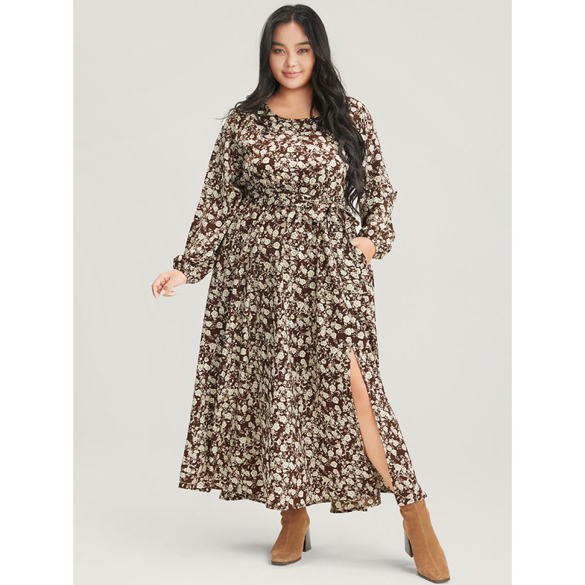 Plus Size Floral Pocket Lantern Sleeve Belted Split Hem Dress DarkBrown Women Elegant Belted Round Neck Long Sleeve Curvy Long Dress BloomChic 22-24/3X Product Image