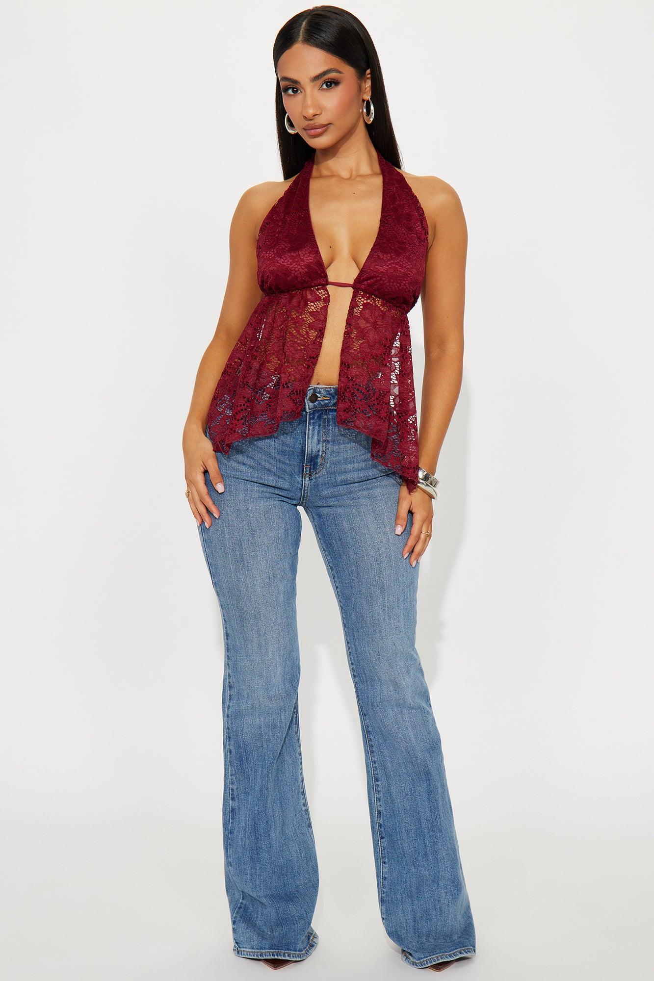 Warm Nights Lace Flyaway Halter Top - Burgundy Female Product Image