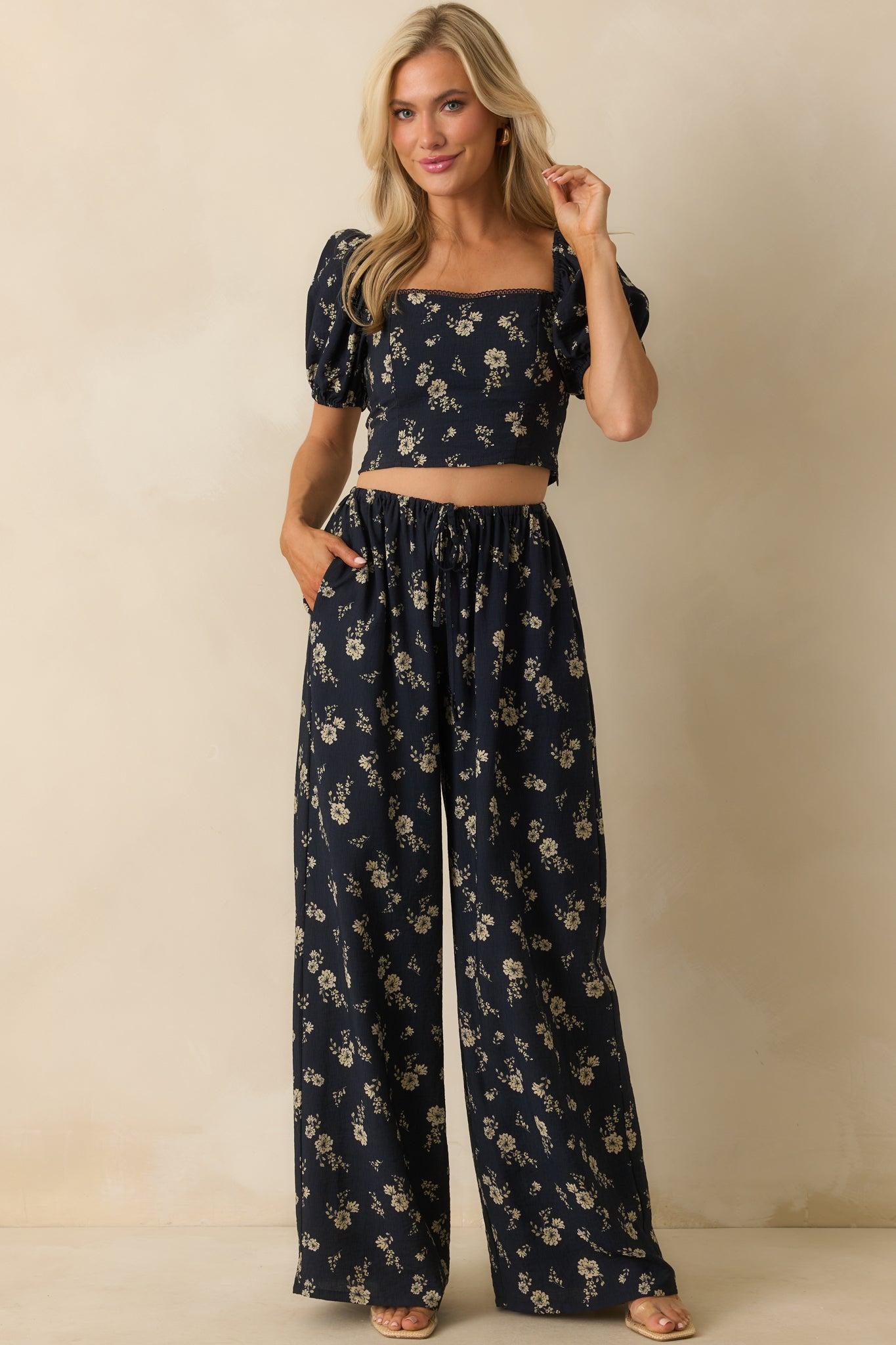 Calming Energy Navy Floral Print Wide Leg Drawstring Pants Product Image