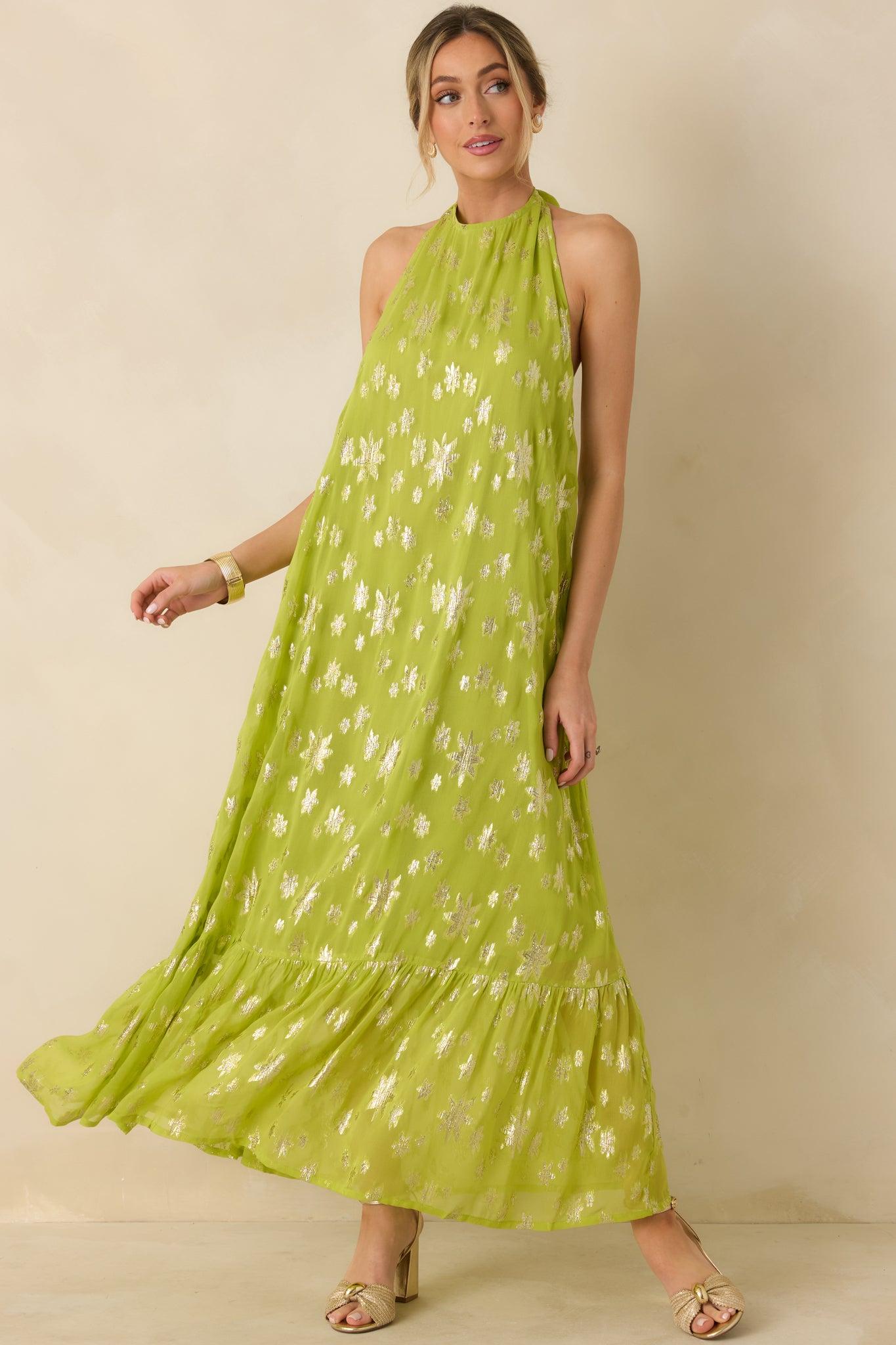 Glow With Grace Chartreuse Metallic Floral Halter Maxi Dress Product Image