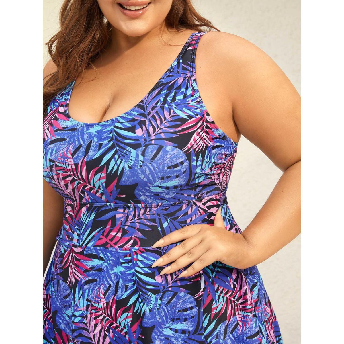 Plus Size Tropical Floral Print Split Swim Dress Women's Swimwear Navy Beach Bodycon U-neck High stretch Curve Swim Dresses BloomChic 26/4X Product Image
