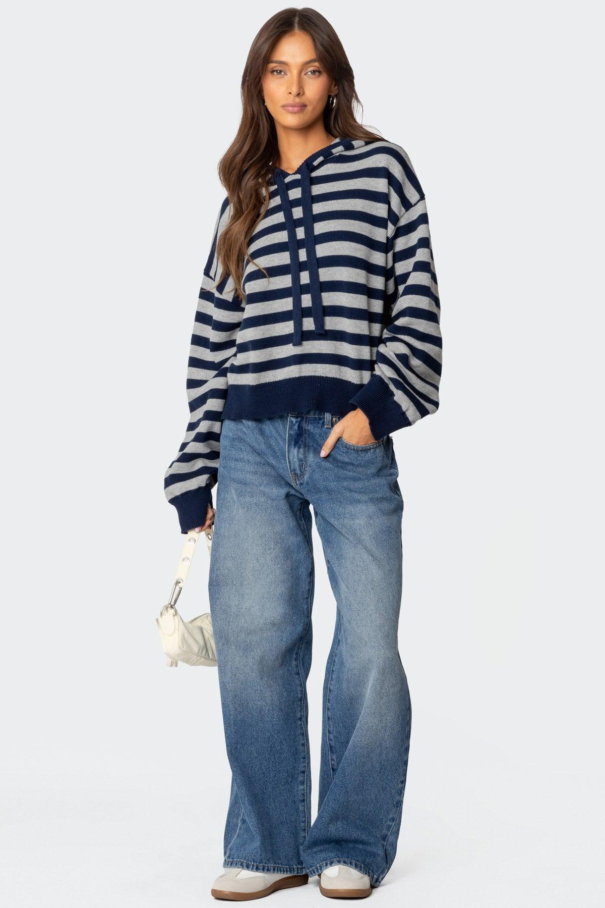 Striped Hooded Knit Sweater Product Image