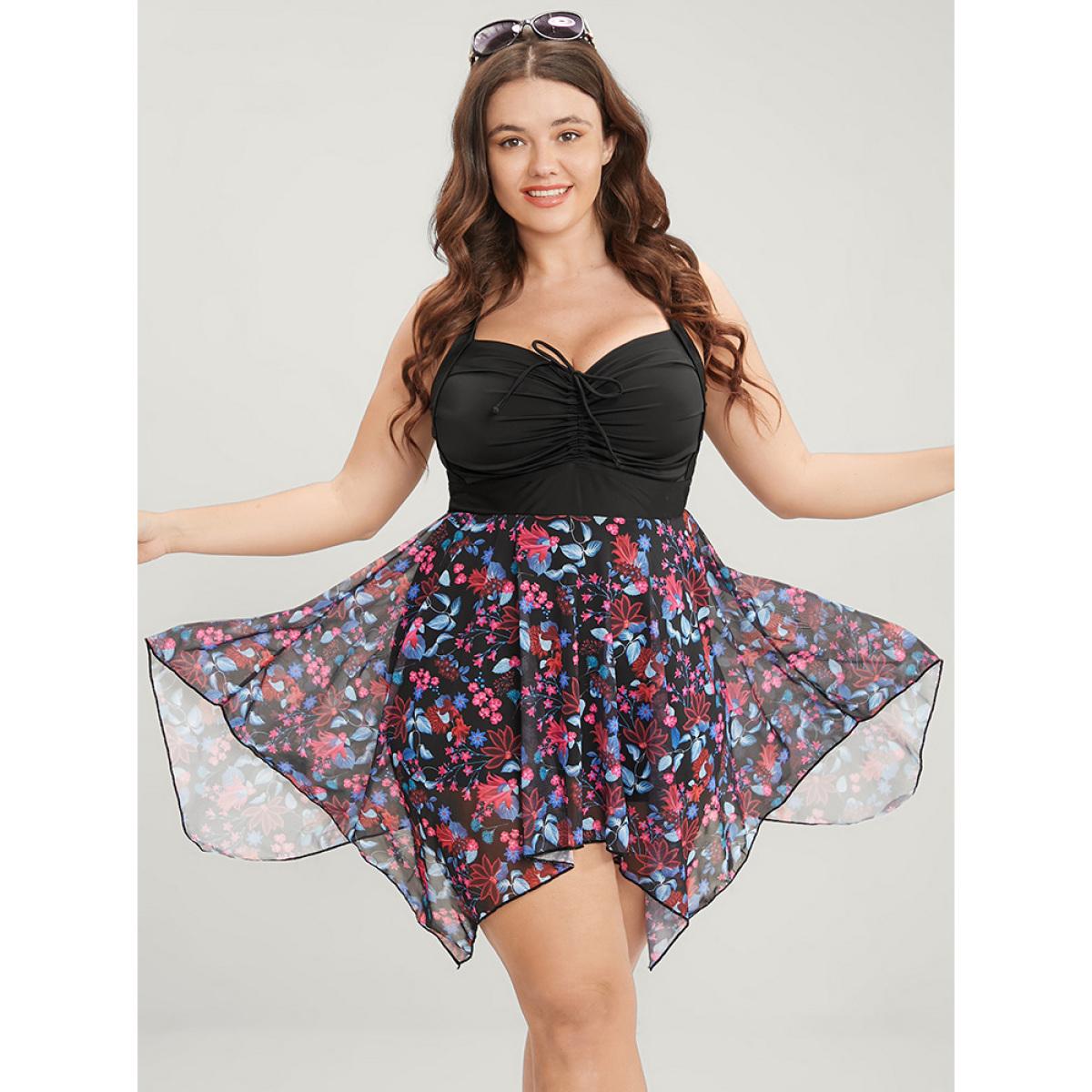 Mesh Adjustable Straps Plus Size Women Tropical Swim Dress Very Stretchy Bodycon Sleeveless V Neck Vacation Swim Dresses BloomChic Product Image